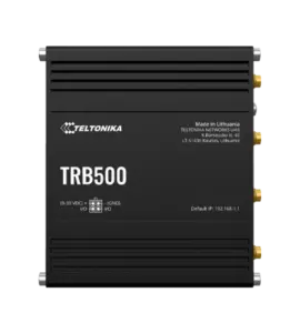 Schwarzes Teltonika TRB500 Netzwerkgerät mit technischen Details und Anschlüssen auf der rechten Seite.