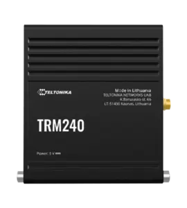 Ansicht eines schwarzen Modems oder Routers von Teltonika, Modell TRM240, mit Herstellerangaben aus Litauen.
