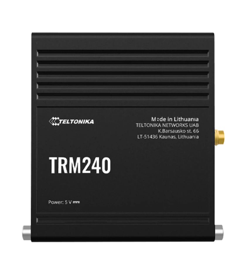 Ansicht eines schwarzen Modems oder Routers von Teltonika, Modell TRM240, mit Herstellerangaben aus Litauen.