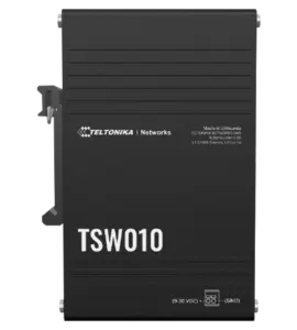 Ein Teltonika TSW010 Netzwerk-Switch in schwarzem Gehäuse mit dem Aufdruck "Made in Lithuania" und den technischen Daten auf der Vorderseite.