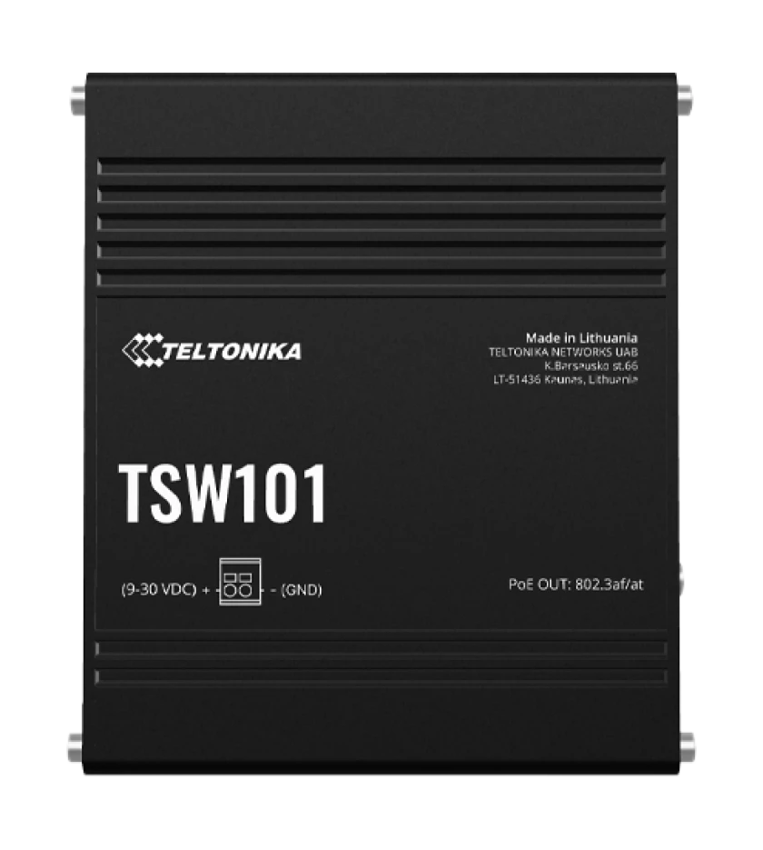 Schwarzes Gerät mit der Aufschrift 'TSW101' und Herstellerinformationen von Teltonika Networks, gefertigt in Litauen.