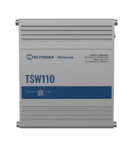 Industrieswitch TSW110 der Marke Teltonika mit einem Gehäuse aus Metall, hergestellt in Litauen, geeignet für eine Stromversorgung von 9 bis 30 VDC.