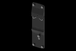 Schwarze Wandhalterung mit Erdungssymbol und vier Befestigungsschrauben.