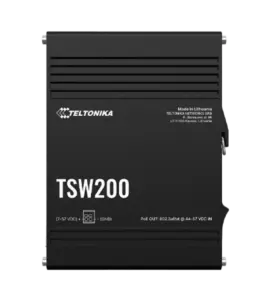 Ein schwarzer Teltonika TSW200 Netzwerkschalter, hergestellt in Litauen, mit PoE OUT Spezifikationen auf der Vorderseite.