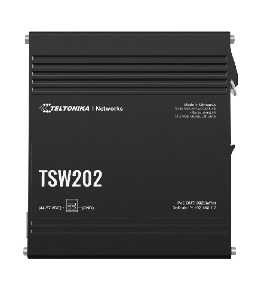 Ein schwarzes Teltonika TSW202 Gerät mit Aufschrift und technischen Details, hergestellt in Litauen.