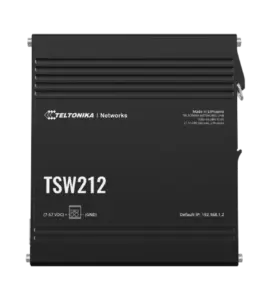 Vorderansicht eines schwarzen Teltonika TSW212 Netzwerk-Switches mit dem Logo von Teltonika auf der oberen linken Seite und der Aufschrift "TSW212" in großen Buchstaben darunter.