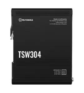 Schwarzes TSW304-Gerät von Teltonika mit weißen Beschriftungen, zur Nutzung in Litauen produziert, geeignet für bipolare Eingänge zwischen 7-57 V DC und 9-40 V AC.