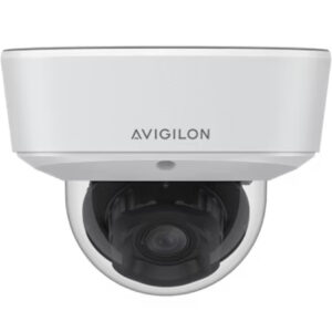 Weiße Sicherheitskamera mit der Aufschrift "Avigilon" und transparentem Gehäuse für den Kamerabereich.