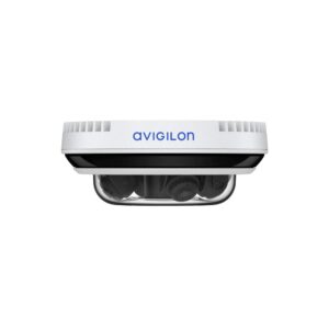 Weißes Sicherheitssystem von Avigilon mit mehreren Linsen, seitliche Ansicht.