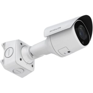 Weiße Überwachungskamera von Avigilon mit zylindrischem Gehäuse und schwarzem Linsenrand, montiert auf einem justierbaren Gelenkarm.