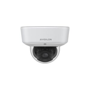 Weiße Avigilon-Überwachungskamera in Dome-Form, frontal aufgenommen, mit sichtbarer Linse in der Mitte.