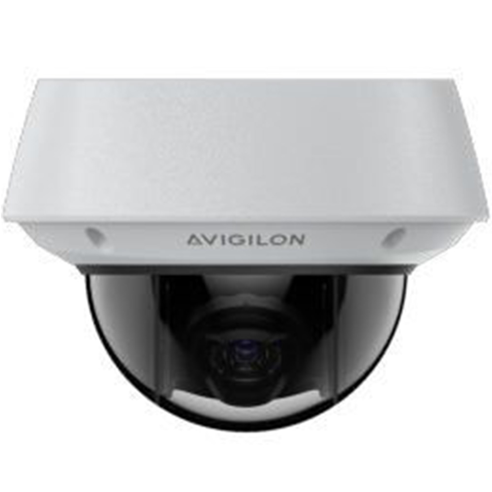 Überwachungskamera von Avigilon, mit halbkugelförmigem Objektiv unter einem rechteckigen Gehäuse.