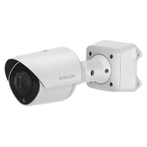 Eine weiße Überwachungskamera von Avigilon mit zylindrischem Gehäuse und montierbarem Haltearm.