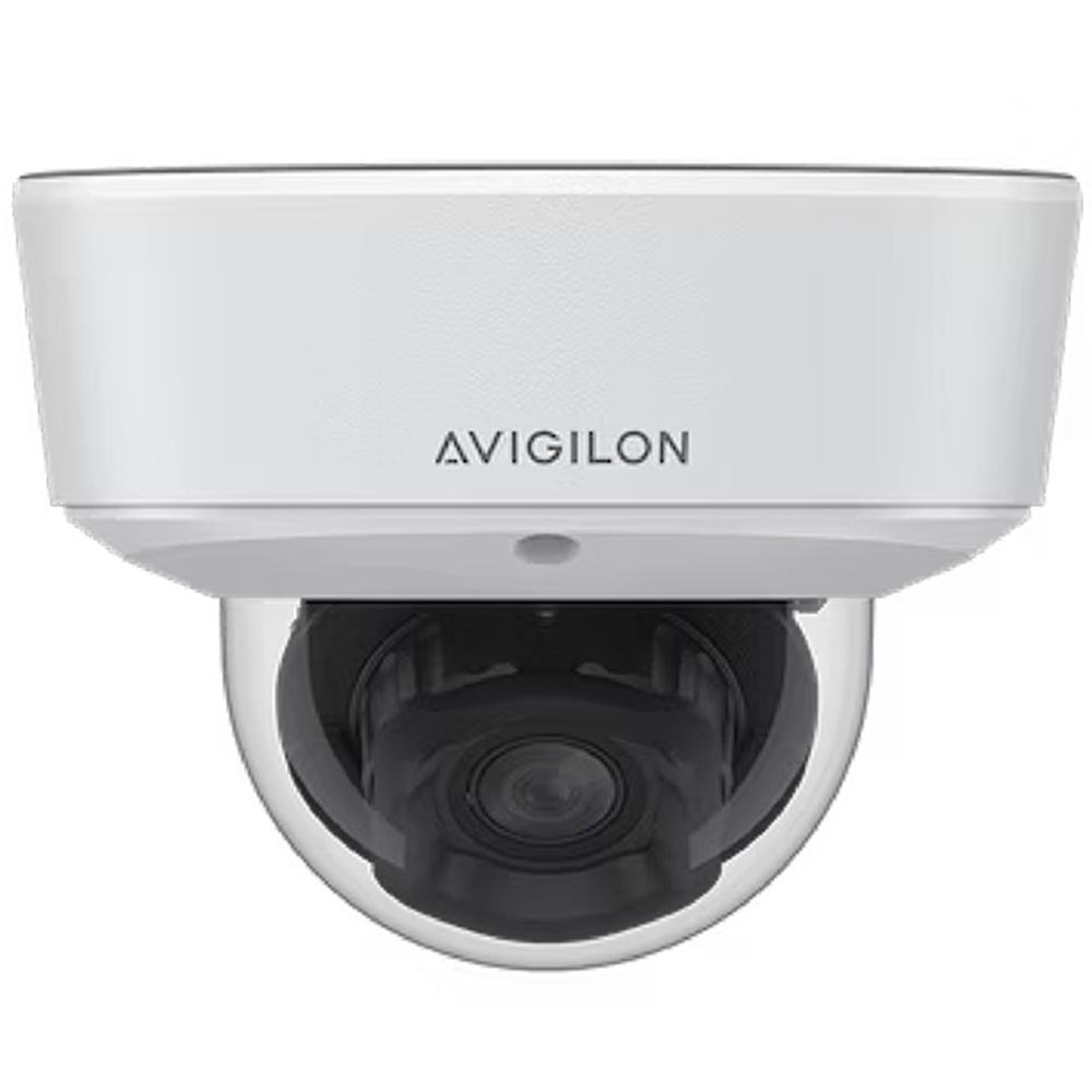 Weiße Avigilon-Überwachungskamera mit kuppelförmigem Design.