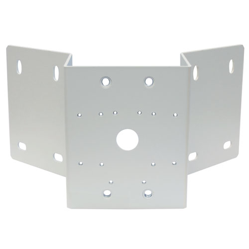 Weiße, dreiteilige Montagehalterung mit vorgebohrten Löchern für die einfache Wandbefestigung, geeignet für CCTV- oder Kamerainstallationen.