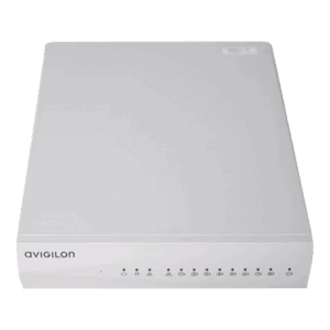 Ein weißer Netzwerkrekorder mit mehreren kleinen Indikatorleuchten auf der Vorderseite und dem Aufdruck 'Avigilon'.