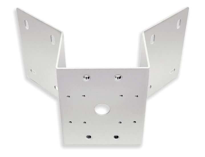 Ein weißer, U-förmiger Montagewinkel aus Metall mit mehreren Bohrlöchern und Schraubgewinden, geeignet für Befestigungszwecke.