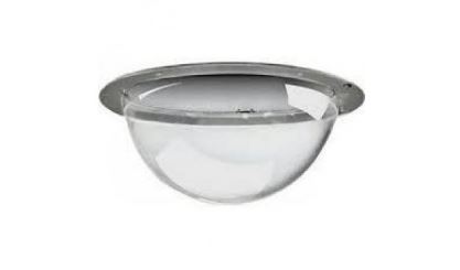 Eine halbkugelförmige Kameraabdeckung aus transparentem Material mit einem silbernen Rahmen.