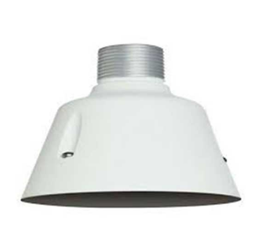 Weißer Lampenschirm mit glatter, konischer Form und geriffeltem Aufsatz für die Befestigung.