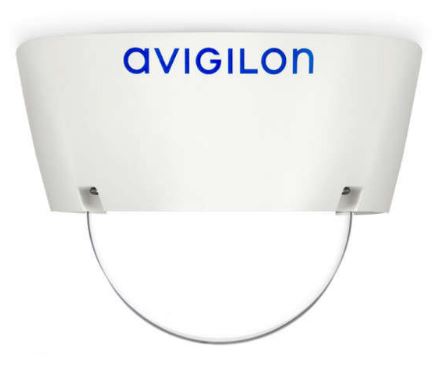 Überwachungskamera mit weißem Gehäuse und der Aufschrift 'AVIGILON' in blauer Farbe, sichtbar an einer Decke montiert.