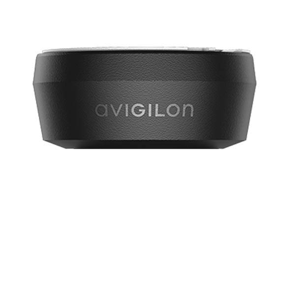 Nahaufnahme einer schwarzen Kamera mit dem Logo "Avigilon" auf der Vorderseite.