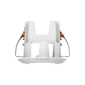 Weiße Deckenhalterung von Avigilon mit einem stilisierten Design und zwei seitlichen Metallbügeln.