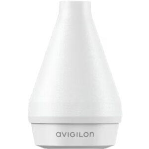 Ein weißes, kegelförmiges Sicherheitskamera-Gehäuse mit der Aufschrift "Avigilon" am unteren Rand.