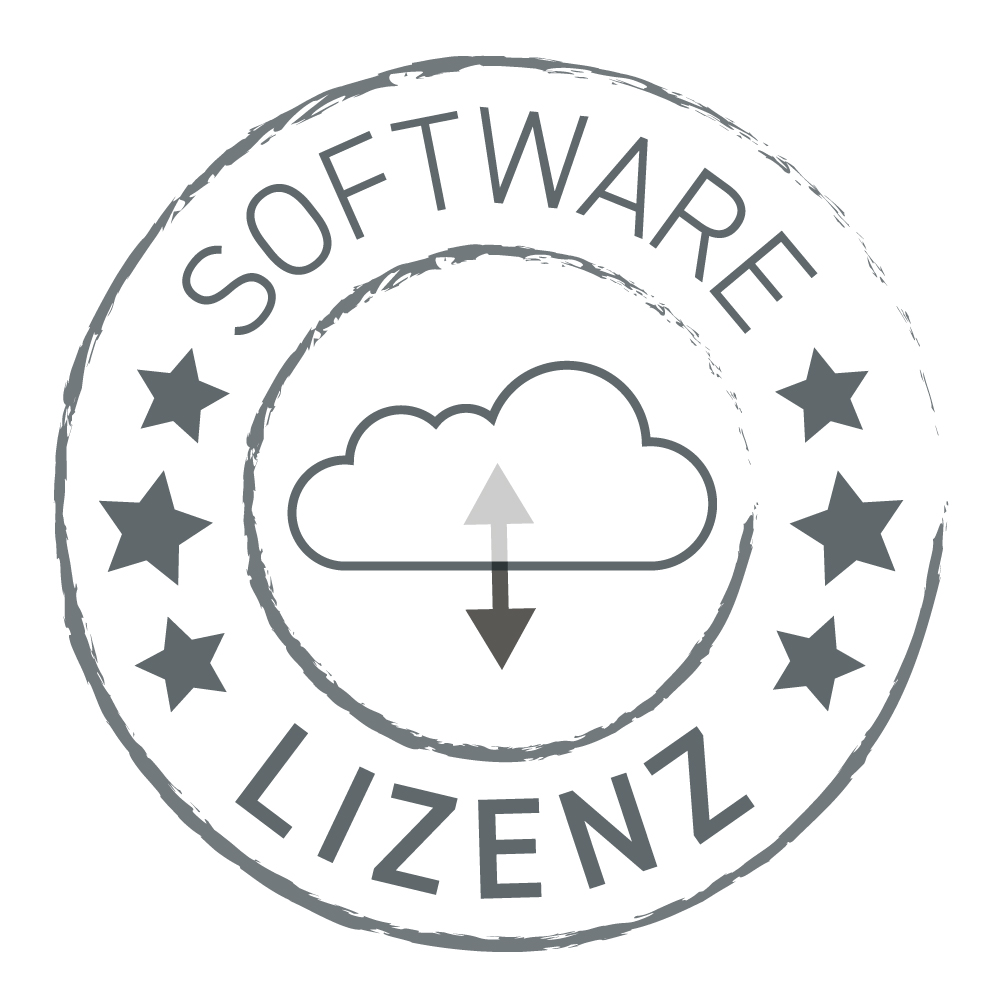 Ein rundes Emblem mit dem Text "SOFTWARE LIZENZ" und einem Cloud-Symbol in der Mitte, umgeben von sechs Sternen.