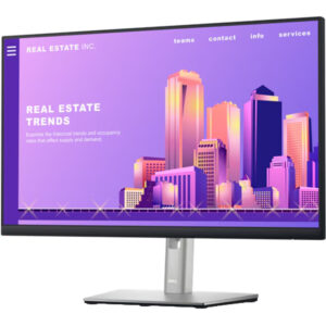 Ein Monitor zeigt eine Grafik mit einem Skyline-Design in Lila- und Gelbtönen, dargestellt wird das Thema "Real Estate Trends" mit mehreren Menüoptionen oben auf dem Bildschirm.