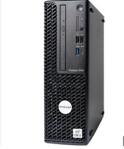 Schwarzer Desktop-Computer in einem vertikalen Gehäuse mit mehreren USB-Ports und DVD-Laufwerk vorne.