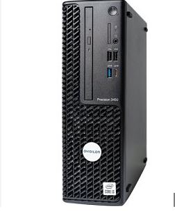 Schwarzer Desktop-Computer in einem vertikalen Gehäuse mit mehreren USB-Ports und DVD-Laufwerk vorne.