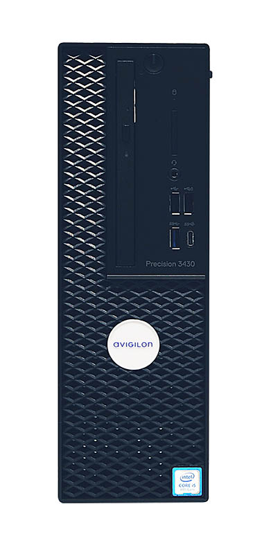 Ein schwarzer Desktop-Computer vom Typ Precision 3430, vorne mit mehreren USB-Anschlüssen und einem Intel Core i5-Logo versehen.