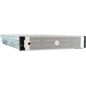 Ein Computer-Server mit perforierter Frontabdeckung in einem silbernen Gehäuse, das für den Rack-Einbau geeignet ist.