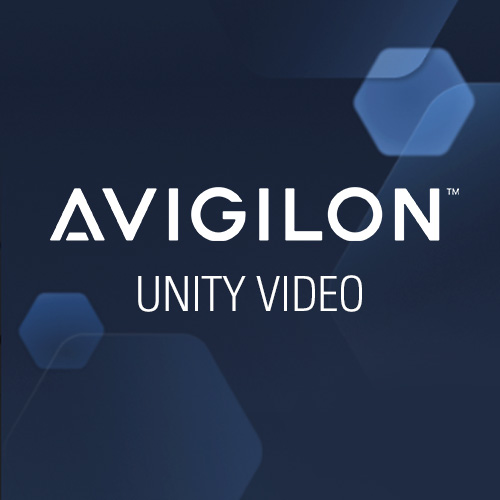 Logo von Avigilon mit dem Text "Unity Video" auf dunkelblauem Hintergrund mit halbtransparenten Sechsecken.