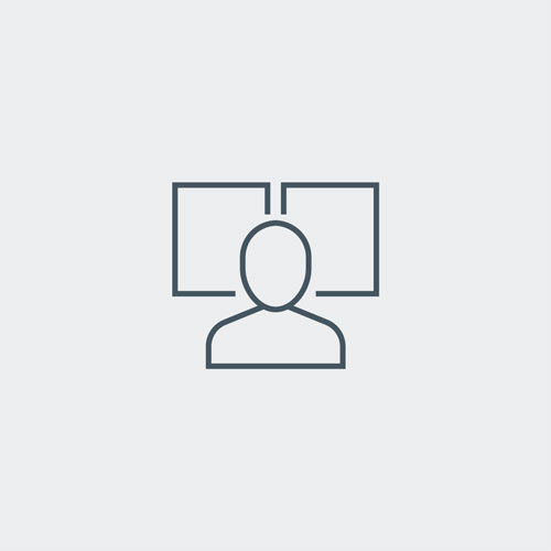 Symbol eines stilisierten menschlichen Kopfes vor einem rechteckigen Hintergrund in einem minimalistischen Design auf grauem Hintergrund.