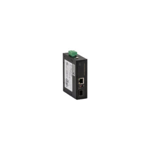 Ein industrieller Ethernet-Konverter mit einem Metallgehäuse, Ethernet- und Glasfaseranschlüssen sowie einer grünen Steckverbindung oben.