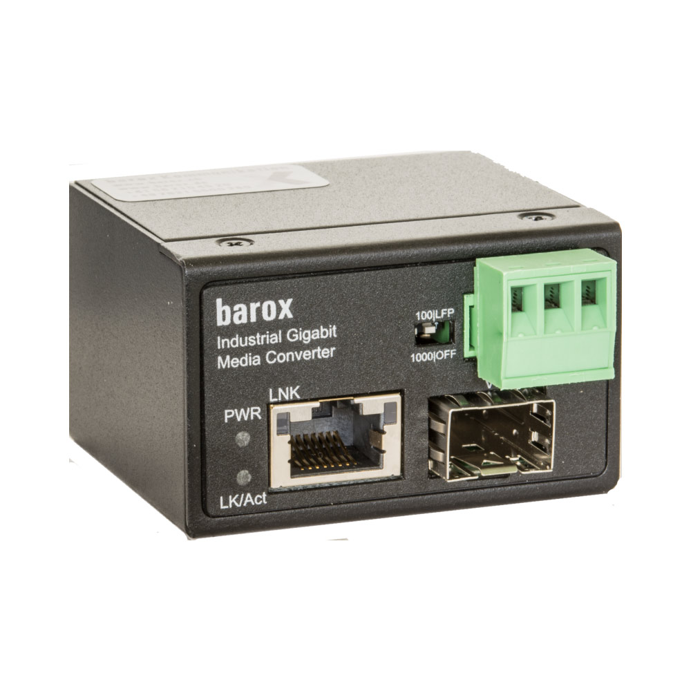 Schwarzer Industrial Gigabit Medienkonverter von Barox mit Ethernet-Anschlüssen und grünem Anschlussblock.