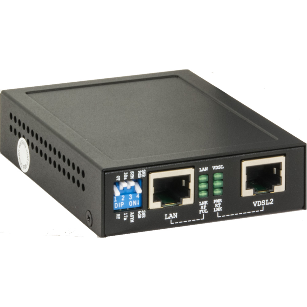 Ein schwarzes Netzwerkgerät mit zwei Ethernet-Ports, beschriftet als LAN und VDSL2, sowie LEDs und DIP-Schalter an der Vorderseite.