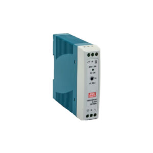 Ein blau-weißes Schaltnetzteil mit der Aufschrift 'MW' und Spezifikationen wie 24V/1.0A, geeignet für 100-240VAC, 0.55A, 50/60Hz, mit verschiedenen Anschlüssen und LED-Anzeigen auf der Vorderseite.