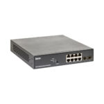Ein schwarzer Ethernet-Switch der Marke Barox mit acht RJ-45- und zwei SFP-Ports an der Vorderseite.