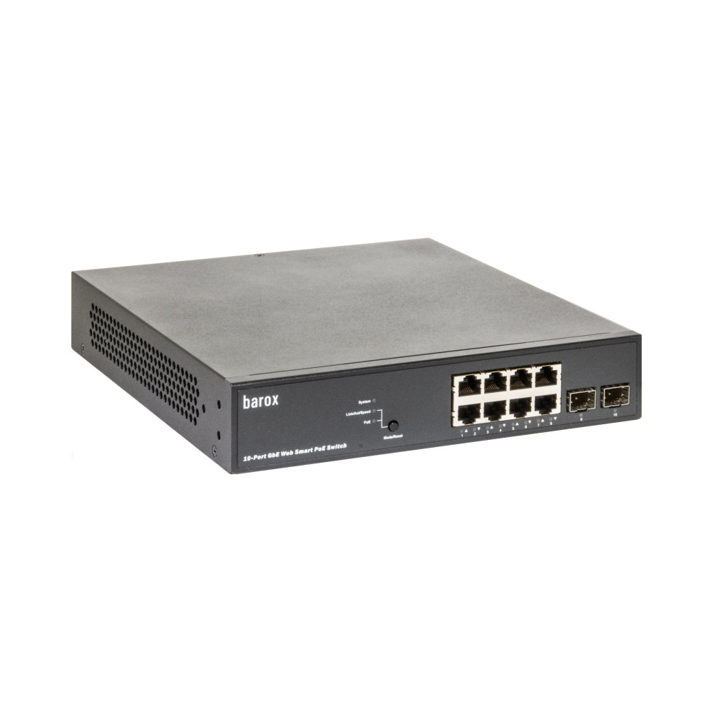 Ein schwarzer Ethernet-Switch der Marke Barox mit acht RJ-45- und zwei SFP-Ports an der Vorderseite.