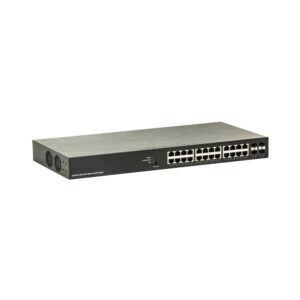 Ein schwarzes, rechteckiges Netzwerk-Switch-Gerät mit 24 Ethernet-Ports und zwei Lüftungsschlitzen an der Seite.
