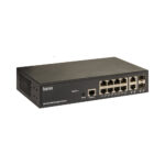 Ein schwarzer 10-Port GBE Managed Switch von barox mit mehreren Ethernet-Ports auf der Vorderseite und Belüftungsöffnungen an der Seite.