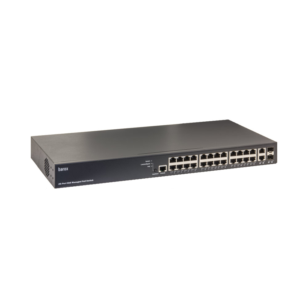 24-Port Gigabit Ethernet Managed PoE Switch von Barox in schwarzem Gehäuse mit mehreren Netzwerkanschlüssen auf der Vorderseite.