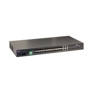 Ein schwarzer, rackmontierbarer Netzwerk-Switch von Barox mit mehreren Ethernet-Anschlüssen und einem Konsolenanschluss an der Vorderseite.