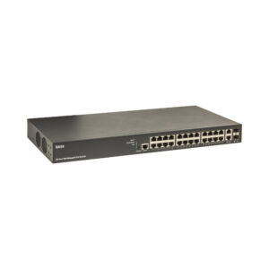 Ein 24-Port-Gbit-verwalteter PoE-Switch der Marke Barox mit mehr als 20 Netzwerkschnittstellen und einem robusten schwarzen Gehäuse.