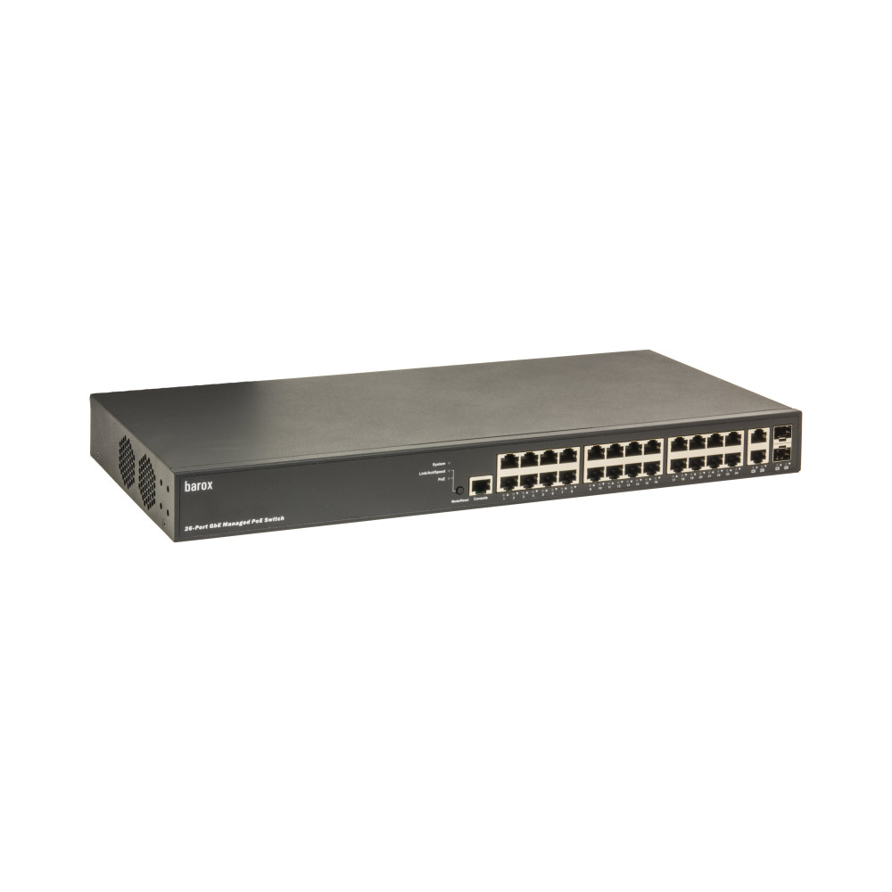 Ein 24-Port-Gbit-verwalteter PoE-Switch der Marke Barox mit mehr als 20 Netzwerkschnittstellen und einem robusten schwarzen Gehäuse.