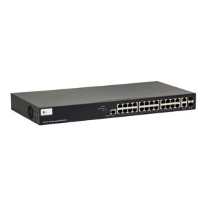 Ein schwarzer, 24-Port Gigabit Managed PoE Switch mit mehreren Netzwerkanschlüssen auf der Vorderseite in einem Rack-Mount-Design.