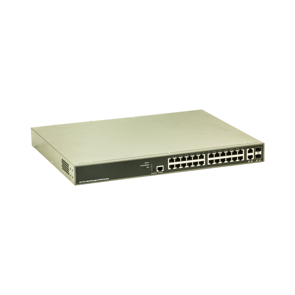 24-Port GBit Managed PoE Switch mit einer Reihe von Ethernet-Anschlüssen auf der Vorderseite, in einem flachen, rechteckigen Gehäuse mit schwarzer Frontplatte.