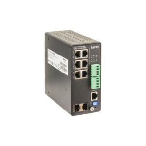Ein schwarzer, industrieller PoE-Netzwerkswitch von Barox mit mehreren Ethernet- und Glasfaseranschlüssen sowie grünen Steckverbindern an der Vorderseite.